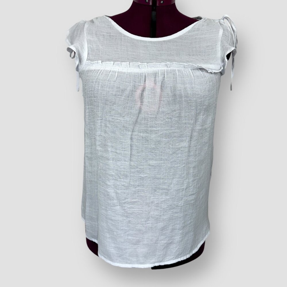 Mandy Evans Women’s Sheer Boatneck Blouse XL White Tie Sleeves Ruffle Trim Top